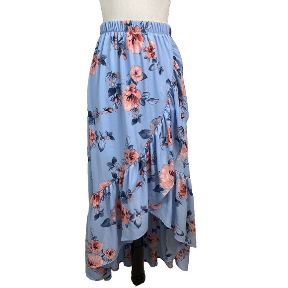 Miami Skirt size Small Blue Pink Roses Floral Ruffles Long High Low Wedding - Picture 1 of 11